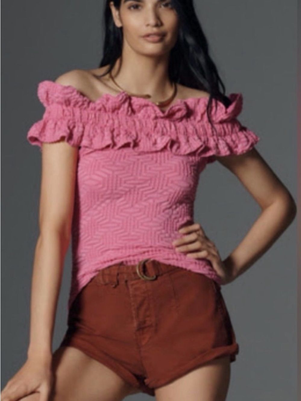 Anthropologie Maeve Off-The-Shoulder Ruffle Top | Pink | XL